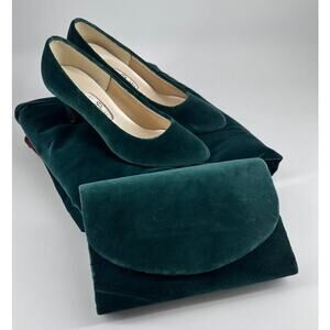 Vintage Green Velvet Skirt Set w/ Dyeables Pumps & Clutch – Size 12 Made in USA